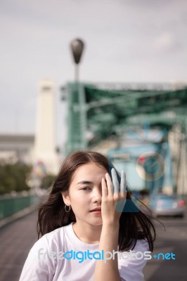 Thai Adult Girl White T-shirt Beautiful Girl Relax And Smile Stock Photo