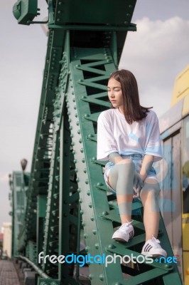 Thai Adult Girl White T-shirt Beautiful Girl Relax And Smile Stock Photo