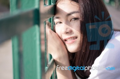 Thai Adult Girl White T-shirt Beautiful Girl Relax And Smile Stock Photo