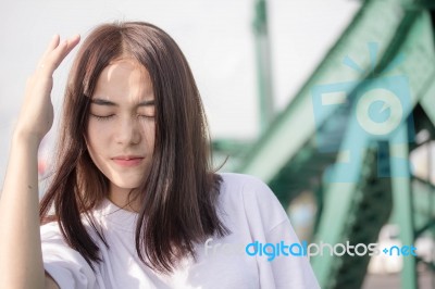 Thai Adult Girl White T-shirt Beautiful Girl Relax And Smile Stock Photo