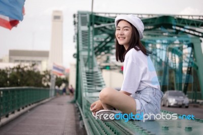 Thai Adult Girl White T-shirt Beautiful Girl Relax And Smile Stock Photo