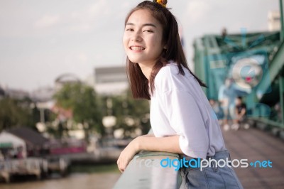 Thai Adult Girl White T-shirt Beautiful Girl Relax And Smile Stock Photo