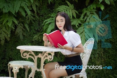 Thai Adult Student University Beautiful Girl Reading Red Book Stock Photo