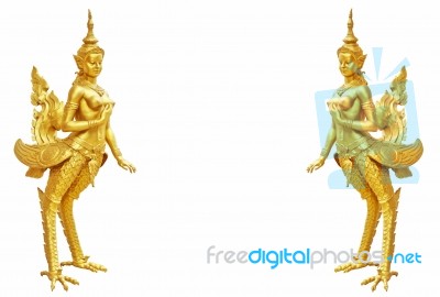 Thai Art Kinnaree Statue : The Mythical Half Bird Half Woman Stock Photo