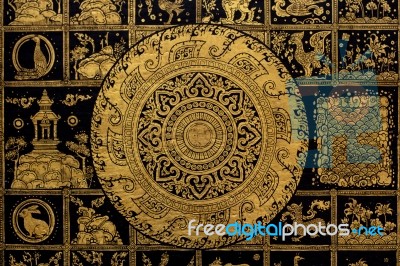 Thai Arts And Buddha Wheel Stock Photo