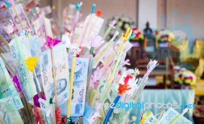 Thai Bank Notes In Buddhism Charity Tradition Stock Photo
