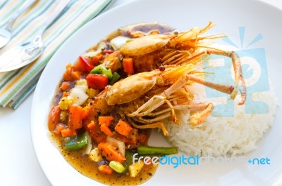 Thai Food, Deep-fried Prawns With Black Pepper Sauce Stock Photo