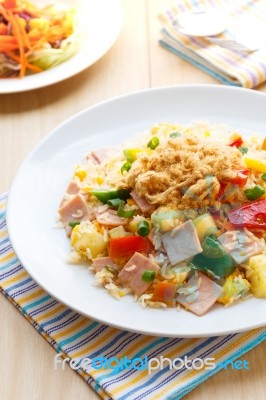 Thai Food Fried Rice With Ham, And Pineapple Stock Photo