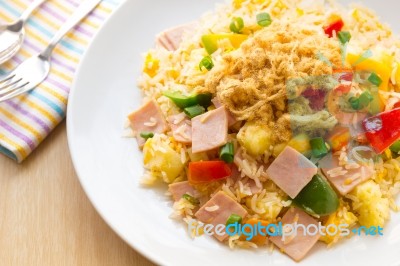 Thai Food Fried Rice With Ham, And Pineapple Stock Photo