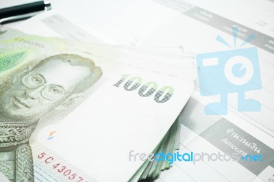 Thai Money Banknote On Record Table Note Book Stock Photo