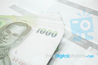 Thai Money Banknote On Record Table Note Book Stock Photo