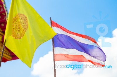 Thai National Flag And Buddhism Religion Flag Thailand Stock Photo