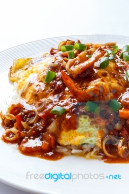 Thai Omelette With Spicy Sour Sauce Stock Photo