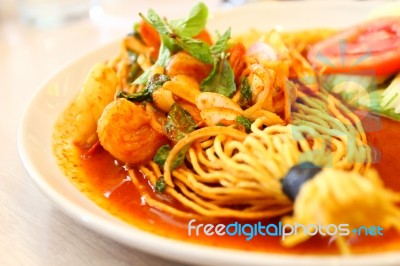 Thai Spicy Food, Stir Fried Squid Whit Basil Stock Photo