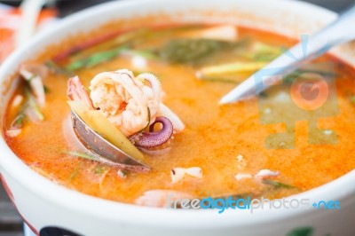 Thai Spicy Soup With Seafood Stock Photo