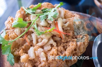 Thai Style Pork Crackling Omelette  , Thai Cuisine Stock Photo