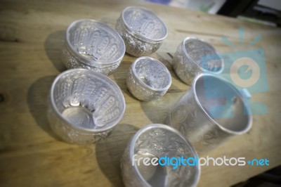 Thai Vintage Pattern Silver Cups Stock Photo