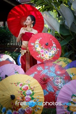 Thai Woman In Traditional Costume Stock Photo