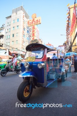 Thailand,bangkok-feb 24:tuktuk Parking In Yaowarat Road Main Str… Stock Photo