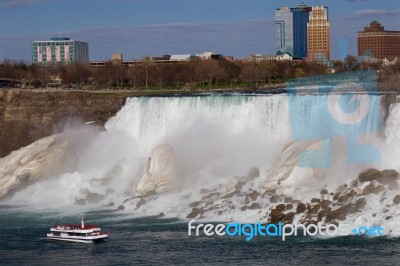 The Background With The Niagara Falls And The Ship Stock Photo