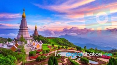 The Best Of Landscape In Chiang Mai. Pagodas Noppamethanedol & Noppapol Phumsiri At Sunset In Inthanon Mountain, Thailand Stock Photo