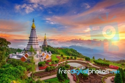 The Best Of Landscape In Chiang Mai. Pagodas Noppamethanedol & Noppapol Phumsiri At Sunset In Inthanon Mountain, Thailand Stock Photo