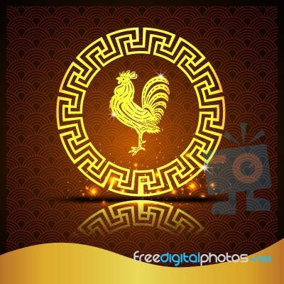 The Big Gold  Roosters In Chinese Circle On Brown Background And Shadow Stock Image