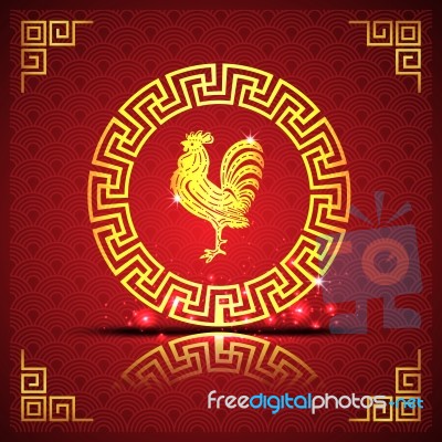 The Big Gold  Roosters In Chinese Circle On Red Background And Shadow Stock Image