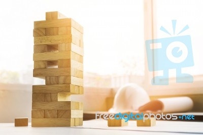 The Blocks Wood Tower Game With Architectural Engineer Plans Or Stock Photo