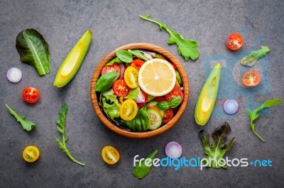 The Bowl Of Healthy Vegan Salad . Various Vegetables Avocado, To… Stock Photo