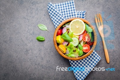 The Bowl Of Healthy Vegan Salad . Various Vegetables Avocado, To… Stock Photo