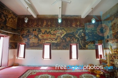 The Famous Beautiful Wall Murals In Wat Ubosatharam In Uthai Thani Stock Photo