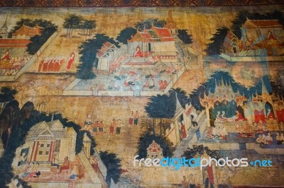 The Famous Beautiful Wall Murals In Wat Ubosatharam In Uthai Thani Stock Photo