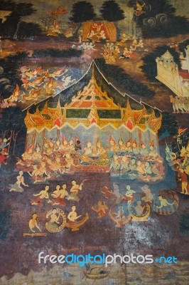 The Famous Beautiful Wall Murals In Wat Ubosatharam In Uthai Thani Stock Photo