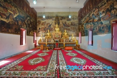 The Famous Beautiful Wall Murals In Wat Ubosatharam In Uthai Thani Stock Photo