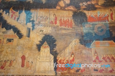 The Famous Beautiful Wall Murals In Wat Ubosatharam In Uthai Thani Stock Photo