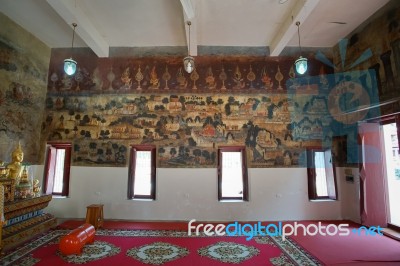 The Famous Beautiful Wall Murals In Wat Ubosatharam In Uthai Thani Stock Photo