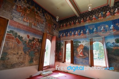 The Famous Beautiful Wall Murals In Wat Ubosatharam In Uthai Thani Stock Photo