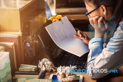 The Girl Was Sitting Stressful Job Stock Photo