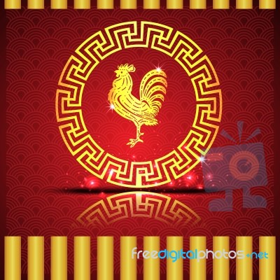 The Gold  Roosters In Chinese Circle On Red Background And Shadow Stock Image