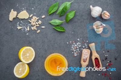 The Ingredients For Homemade Pesto Sauce Basil, Parmesan Cheese Stock Photo