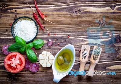 The Ingredients For Homemade Pizza On Shabby Wooden Background Stock Photo