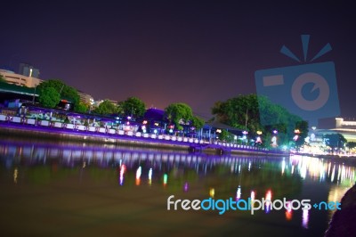 The Landscape From The Riverbank At Night. Stunning Light Composition Stock Photo