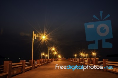 The Lights On The Bridge At Night Background Sea And Island At Prachuap Bay In Thailand Stock Photo