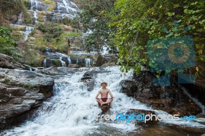 The Man Standing At Mae Ya Waterwall Stock Photo