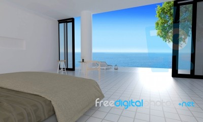 The Modern Bedroom With Sea View Interior For Vacation And Summe… Stock Image