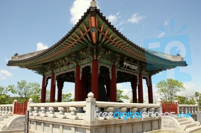 The Peace Bell Pavilion At Demilitarized Zone On The Border Of South Korea Stock Photo