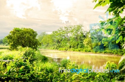 The River In Local City And Forest With Sunset Stock Photo