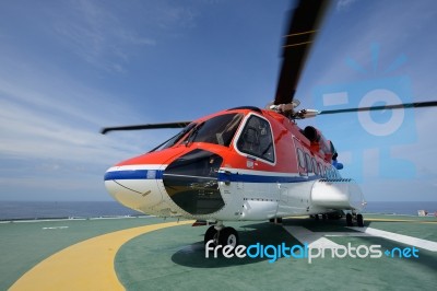 The S92 Helicopter Park On Oil Rig Stock Photo