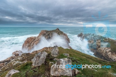 The Sea Crashes Hard On The Coasts Of Galicia, Stock Photo